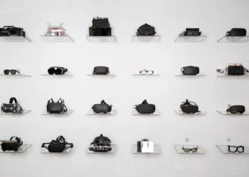 wall of meta VR prototype HMDs