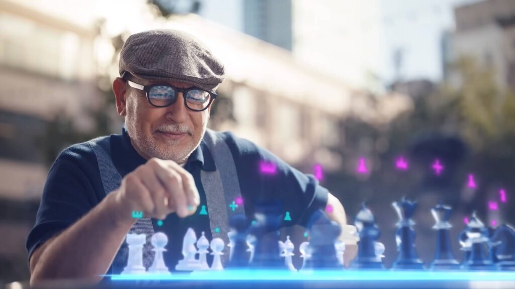 Meta vision - an old Man using AR Glasses to play chess