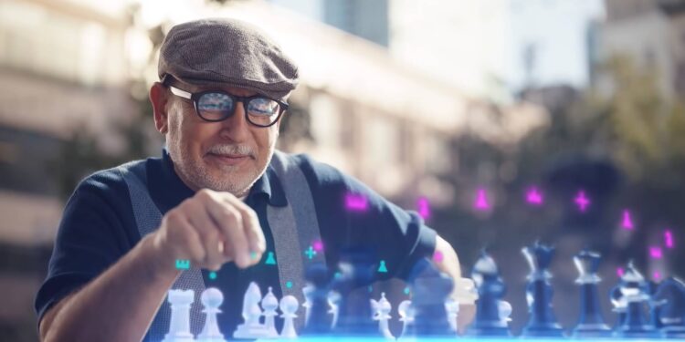 Meta vision - an old Man using AR Glasses to play chess